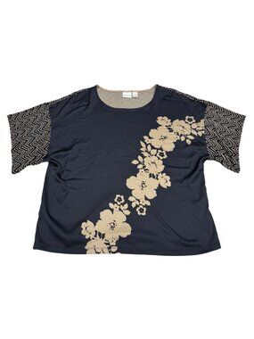 Chico's Women's Lotus Blossom Print Chevron SS Top Black & Beige, Size 2 /US L
